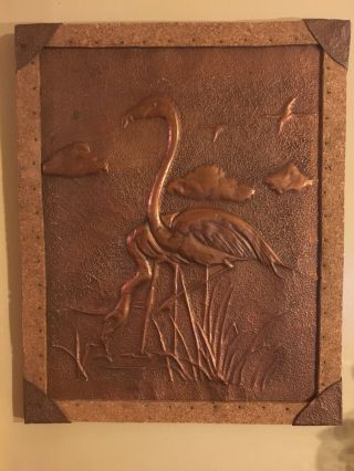 Antique Arts And Crafts Hammered Copper Wall Picture 1910 - 1920 Flamingoes