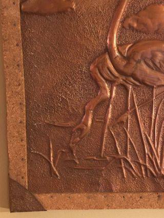 Antique Arts And Crafts Hammered Copper Wall Picture 1910 - 1920 Flamingoes 4