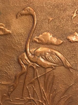 Antique Arts And Crafts Hammered Copper Wall Picture 1910 - 1920 Flamingoes 6