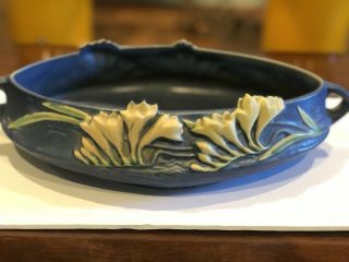 Roseville Antique Pottery Freesia Console Bowl Blue 1940’s H66 - 10 Usa
