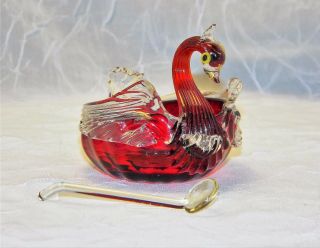 Salviati Murano Art Glass Swan Antique Salt Dip & Spoon Hand Blown Ruby Red