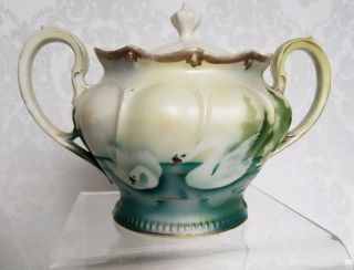 Antique Rs Prussia Swan Pattern Sugar Bowl Swirled Design Gold Trim,  Iridescen