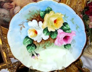 Antique Limoges Hand Painted Roses Porcelain Charger Artist Signed C.  1904