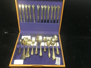 65 Piece Hanford Forge Hf Ltd Gold Stainless Flatware Silverware Service For 12