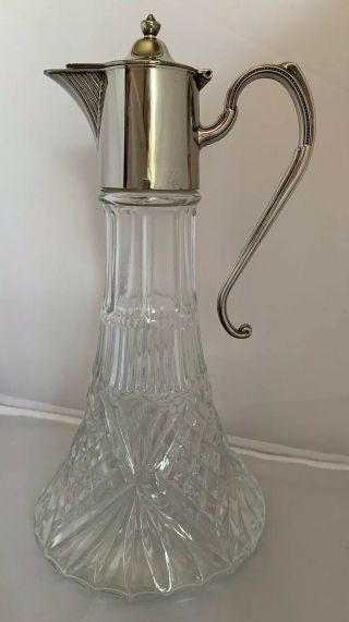 Vintage Cut Glass Claret Jug Decanter With Silver Plated Lid 29.  5cm Tall 1.  260kg