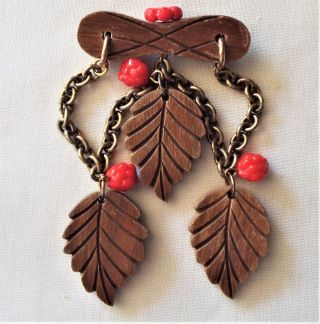 Antique Carved Wood And Brass Brooch