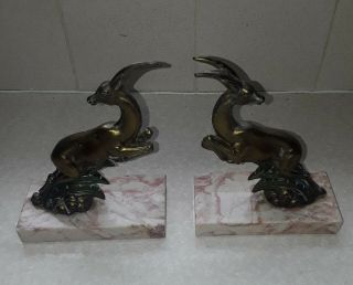Pair French Art Deco Signed Ugra Spelter Gazelle Marble Book Ends 1930 