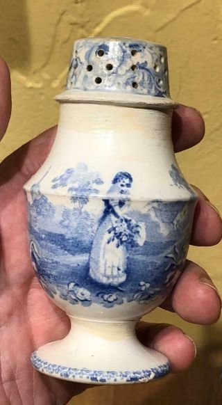 Antique Staffordshire Blue Transfer Pepper Pot Or Shaker,  Flower Girl,  C.  1800
