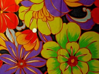 Vintage Hawaiian Barkcloth Fabric Floral Bright Orange Lime Purple Yellow 1 Yard