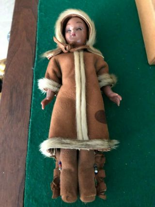 Vintage Native American Indian Eskimo Plastic Doll Real Fur Dress 8” Inuit