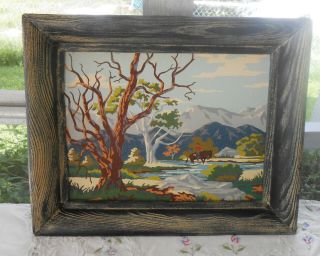Lg Vintage Cowboy With Burro Horse In Stream Paint By Number Pbn Painting Framed
