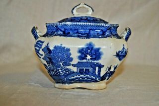 Antique Sugar Bowl And Lid Blue Willow 1911 Buffalo Pottery U.  S.  Made