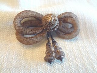 Fabulous Antique Victorian Light Brown Woven Hair Mourning Brooch With Tassels