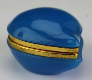 Antique Blue Opaline Art Glass Heart Shaped Gilt Mount Jewelry Trinket Box Jef
