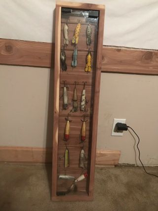 Vintage Wooden Fishing Baits In Display Case