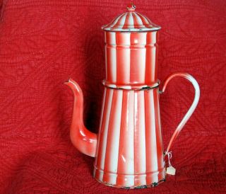 Large Red White Antique French Enamel Ware Coffee Pot Art Deco Vintage Cafetiere