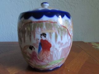 Antique Flow Blue Porcelain Hand Painted Geisha Girls Biscuit Jar Japan