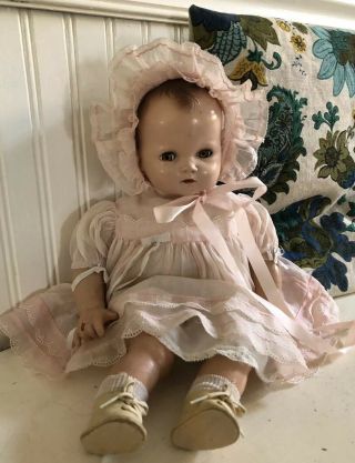 Vintage 40s Ideal Plassie Baby Doll 18” Pat 2252077 - Organdy Dress Bonnet Minty