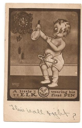 Antique B.  P.  O.  E Post Card " A Little Elk Wearing His First Pin Copyright 1908