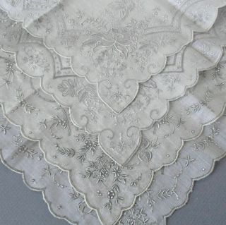 2 Vintage Linen Wedding Handkerchiefs Hand Embroidered Appenzell Whitework Bride