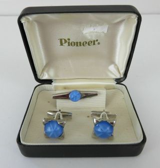 Vintage Pioneer Light Blue And Silver Cufflinks And Tie Pin