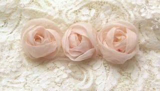 Three Antique Cabbage Rose Buds Ribbonwork Ribbon Work Off Antique French Gown