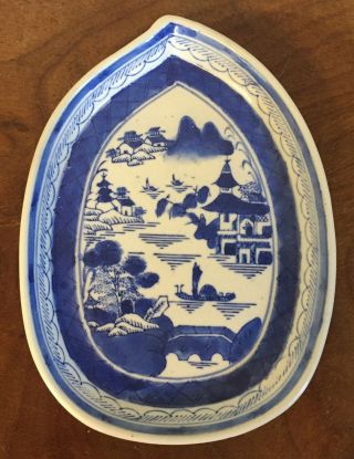 Antique Chinese Export Porcelain Blue & White Canton Porcelain Tobacco Leaf Dish