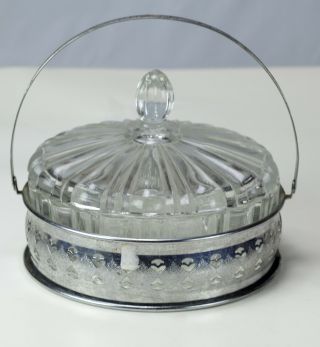 ANTIQUE 1930 ' S DEPRESSION HOCKING FORTUNE CRYSTAL COVERED CANDY CHROME HOLDER 4