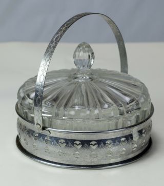 ANTIQUE 1930 ' S DEPRESSION HOCKING FORTUNE CRYSTAL COVERED CANDY CHROME HOLDER 5