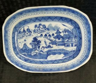 Chinese Export Canton Blue & White Porcelain Shallow Dish/ Bowl.  19th.  10 X 7 1/2 "