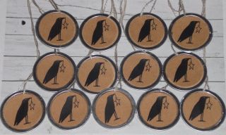 13 Primitive Crow W/star 1 1/4 " Metal Rim Hang Tags Gift Ties Mini Tree Ornies