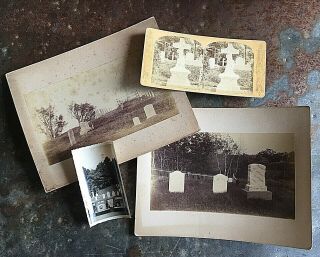 4 Antique Cemetery Head Stone Photo Cabinet Card Stereoview Forest Hills Boston