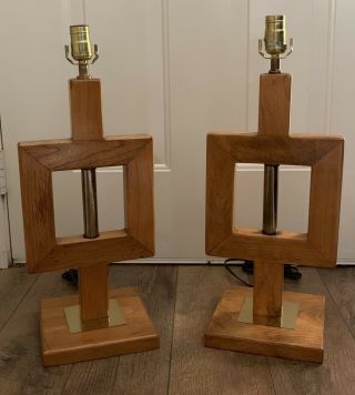 Pair Craftsmen Solid Oak Wood Brass Mid Century Lamps 22” Sprintz 1973