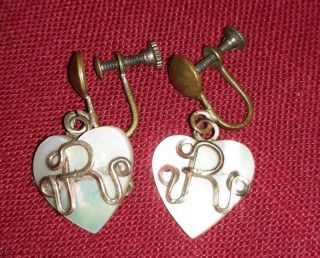 Antique Victorian Mother Of Pearl Mop Heart Wire Letter " R " Screw Earrings
