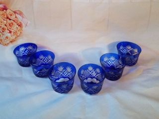 6 Antique Vintage Bohemian Czech Cobalt Blue Cut To Clear Cups Bowls Glasses