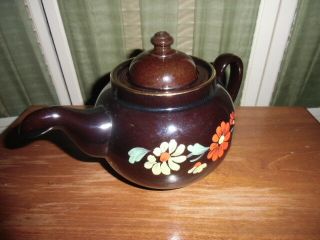 Vintage Antique 1950 Made In England Signed Teapot Brown Hand Painted Flowers