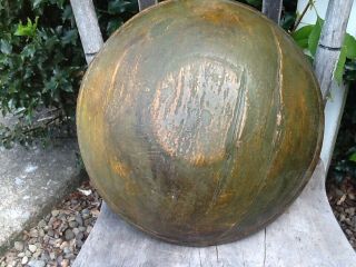 Early Primitive Wooden Bowl Old Green Paint Wide Lip Hand Turned Out Of Round