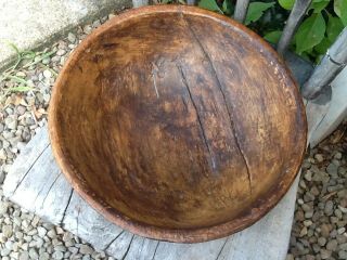 Early Primitive Wooden Bowl Old Green Paint Wide Lip Hand Turned Out of Round 2