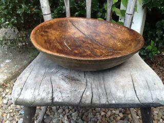Early Primitive Wooden Bowl Old Green Paint Wide Lip Hand Turned Out of Round 3