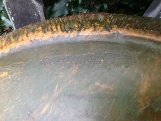 Early Primitive Wooden Bowl Old Green Paint Wide Lip Hand Turned Out of Round 5