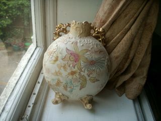 Old Antique Victorian Hand Painted Gilded Moon Flask Vase C.  1890 Floral Flowers
