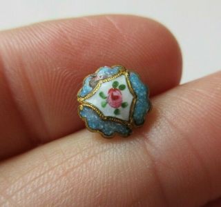 Delicate Dimi Antique Vtg French Champleve Enamel Button W/ Pink Rose 3/8 " (f)