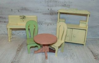 Vintage Dollhouse Kitchen Set,  Wood Table,  2 Chairs,  Farm Sink & Hutch