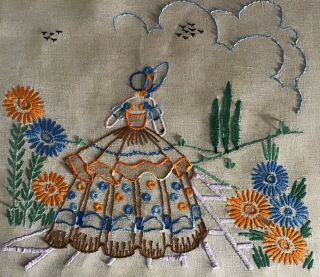 Vintage Linen Hand Embroidered Cushion Cover Crinoline Lady
