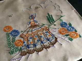 VINTAGE LINEN HAND EMBROIDERED CUSHION COVER CRINOLINE LADY 4