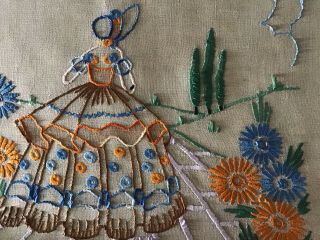 VINTAGE LINEN HAND EMBROIDERED CUSHION COVER CRINOLINE LADY 6