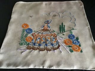 VINTAGE LINEN HAND EMBROIDERED CUSHION COVER CRINOLINE LADY 7