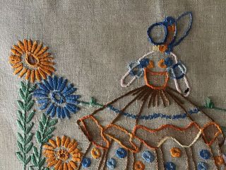 VINTAGE LINEN HAND EMBROIDERED CUSHION COVER CRINOLINE LADY 8