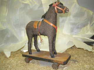 ANTIQUE TOY PULL ALONG HORSE ON WHEELS 19TH C.  9 1/2 