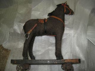ANTIQUE TOY PULL ALONG HORSE ON WHEELS 19TH C.  9 1/2 